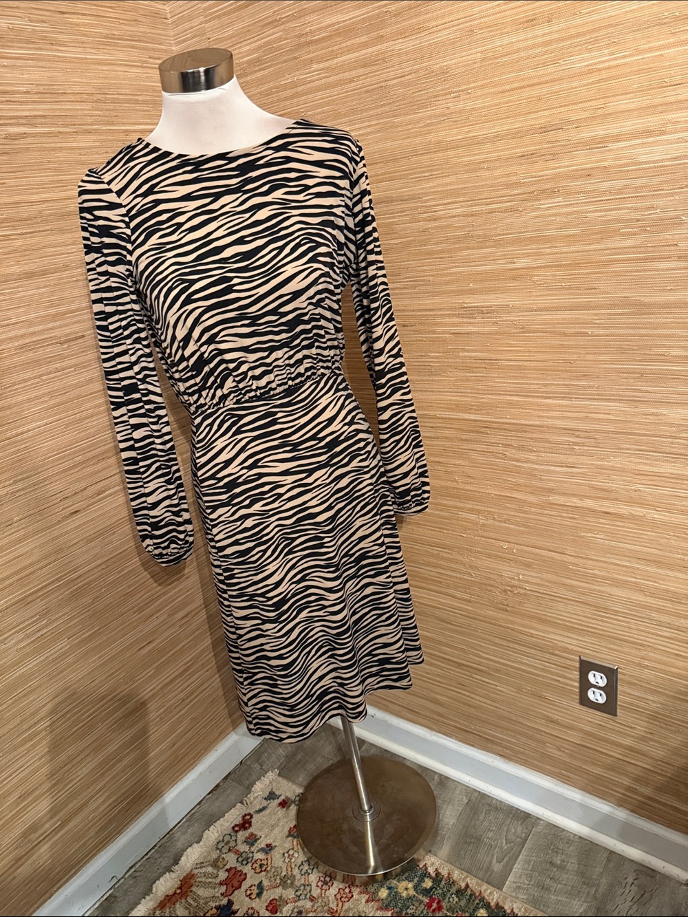 LOFT Long-Sleeve Zebra-Print Dress in Black and Cream
